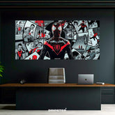 Miles Morales Spider-Verse poster set by Dripster featuring black and red comic art panels hanging above modern office desk